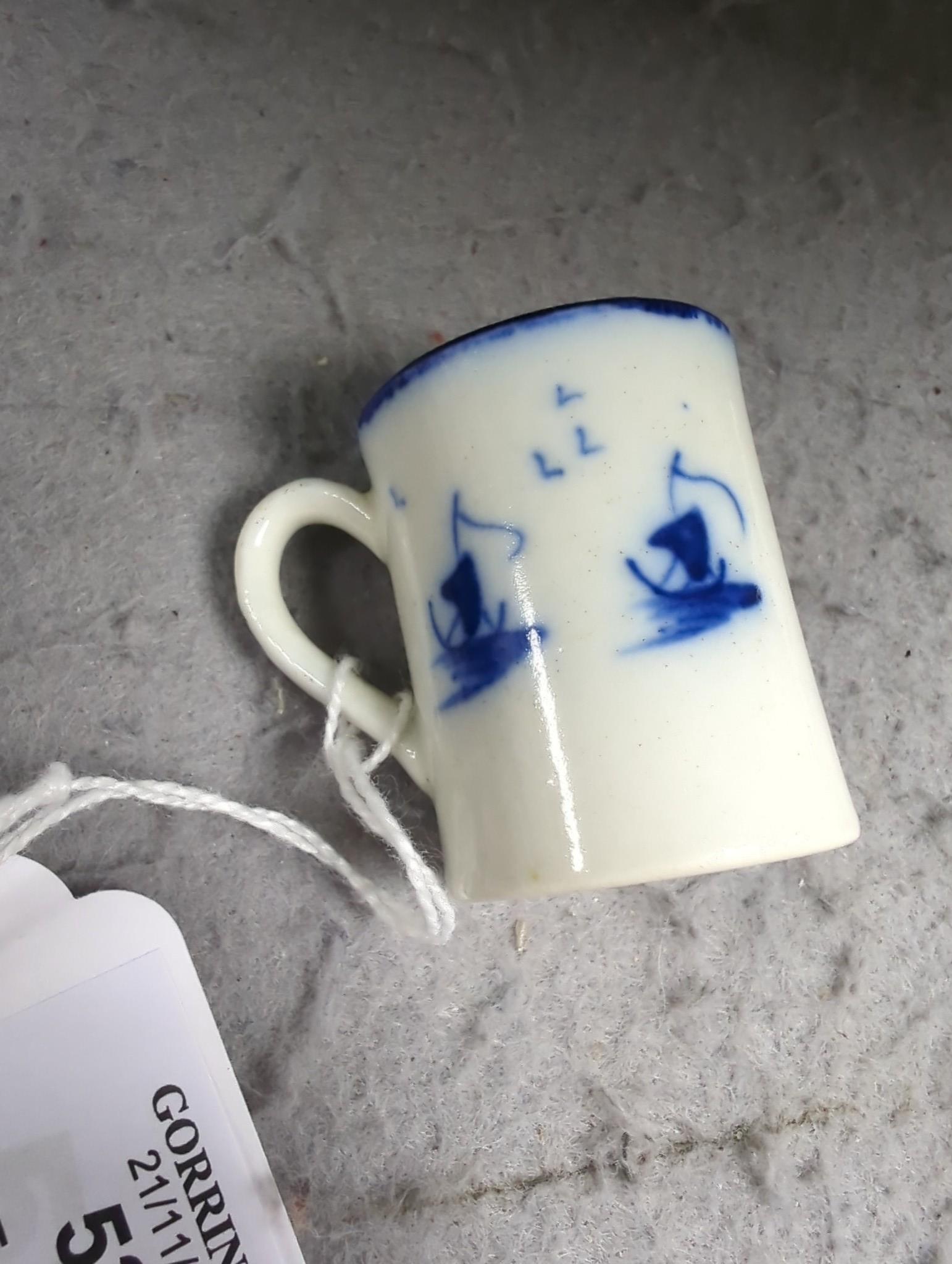 A late 18th century pearlware blue and white miniature jug, 5cm, and tea bowl and an English porcelain miniature mug, late 18th century